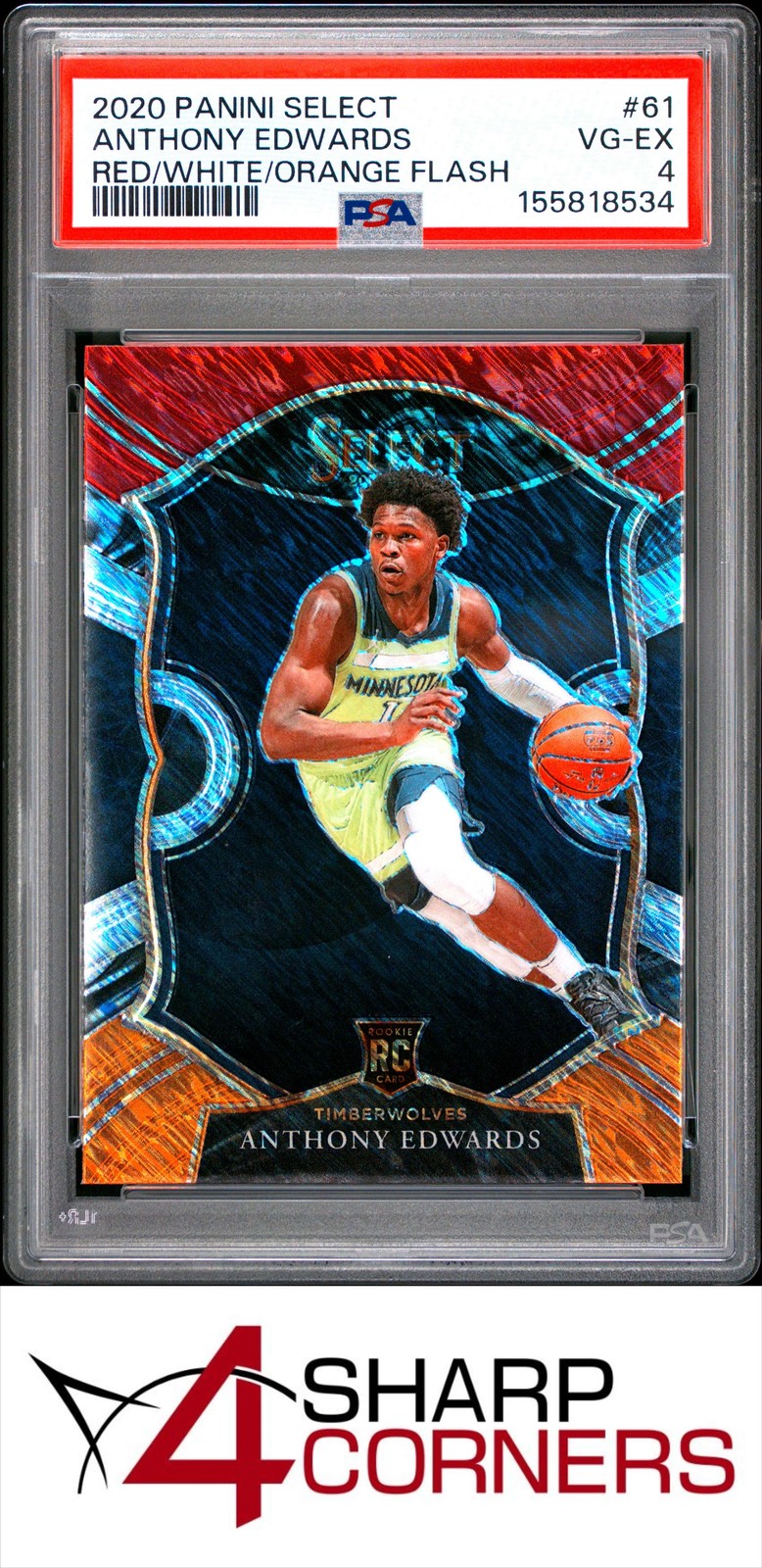 2020 SELECT RED WHITE ORANGE FLASH PRIZM #61 ANTHONY EDWARDS RC POP 1 PSA 4