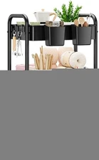 3 Tier Rolling Storage Cart Organizer Utility Cart w/ Wheels Hanging Cups Hooks