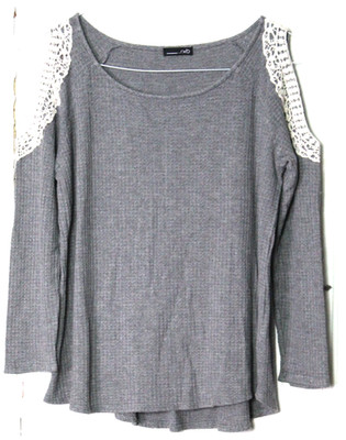 RXB WAFFLE TEXTURE TEE SHIRT ladies size 2X gray long cold shoulder sleeve lace