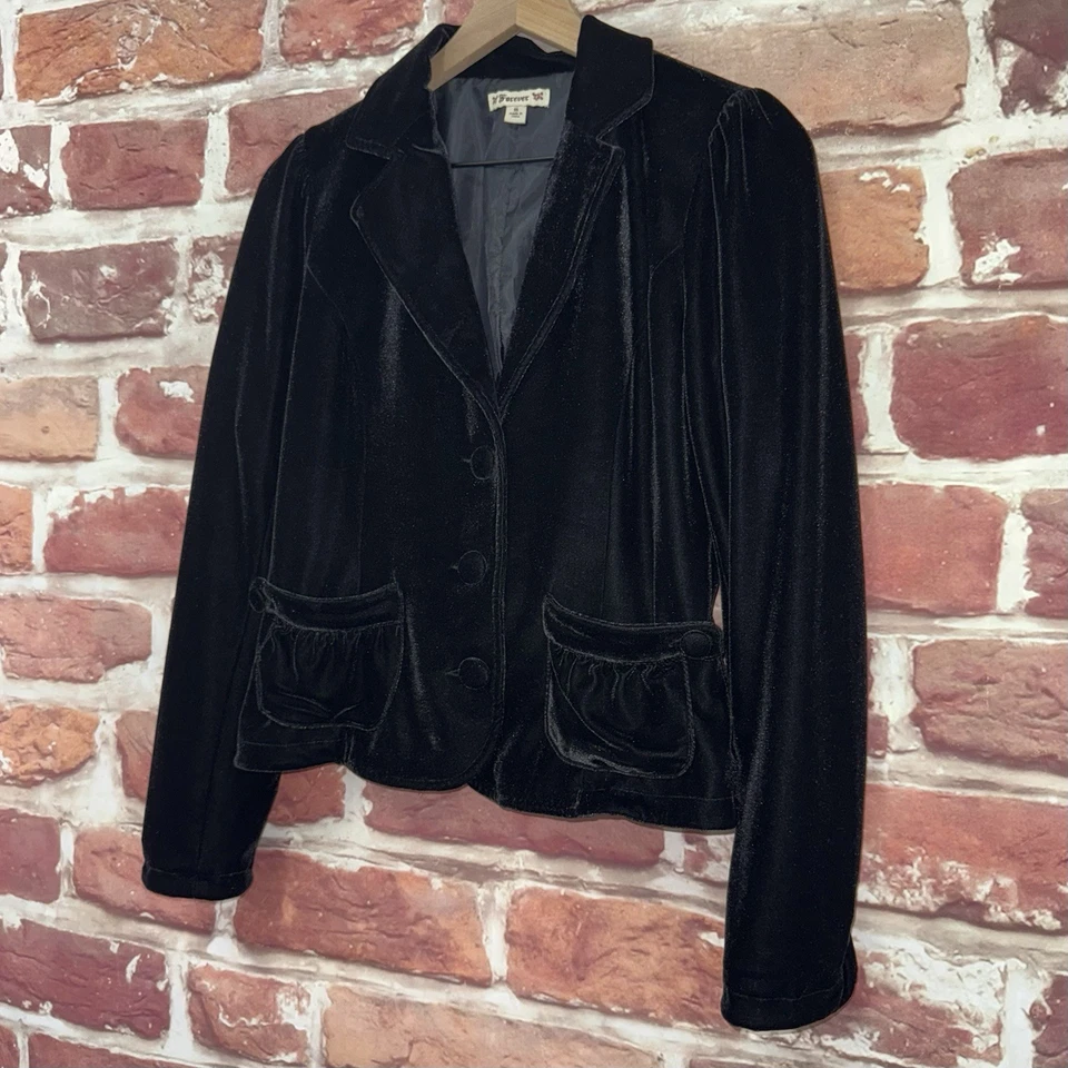 Blazer vintage Y2K Forever 21 para mujer M negro terciopelo terciopelo bolsa bolsillo chaqueta Foto 3 de 4