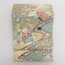 Japanese Kimono Fukuro Obi Silk Raden Auspicious pattern Green 179.5inch Women's