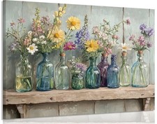 1Pcs Framed Rustic Farmhouse Floral Canvas Wall Art Enchanting Wildflowers Po...