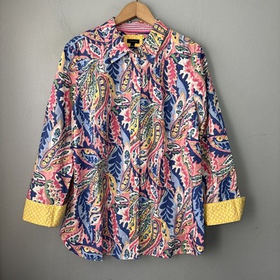 Talbots Button Up Shirt Size Large Cotton Paisley Preppy Polka Dot Contrast Cuff