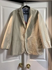 Cremieux Blazer Sport Coat Mens Large Tan Linen Cotton Elbow Patches STAINBACK