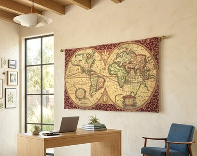 Landkarte Antiken Weltkarte Motiv  Wandteppich Gobelin  68x116 Vintage Deko - Bild 1 von 4
