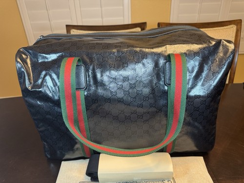 New Authentic Gucci GG Supreme Logo Crystal Canvas Duffle Travel Bag Black - Picture 2 of 15