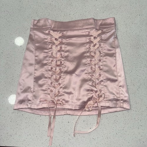Sugar Thrillz Pink Satin Lace Up Mini Skirt Ballroom Dreams Coquette Fairycore - Picture 5 of 8