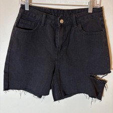 Princess Polly Black Denim Cut Off Distressed High Waisted Shorts Size 6