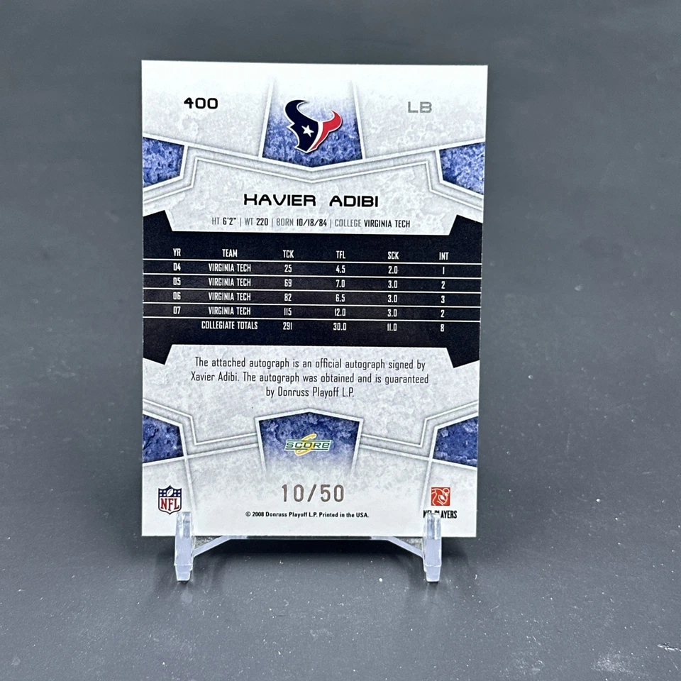 2008 Score Select Rookie Gold Zone Auto /50 Xavier Adibi #400 Rookie Auto RC - Image 2 of 2