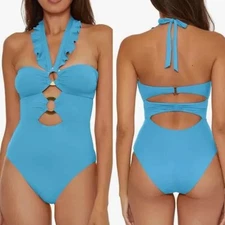 NEW Soluna Blue Swimsuit Size Medium Ruffle Cut out One PIece Halter Swim NWT