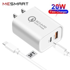 20W PD USB C Wall Charger Dual Port Fast Charging Block Power Adapter 3ft Cable