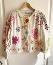 Michael Simon New York Beaded Embroidered Flower Cardigan Sweater Big Button OS