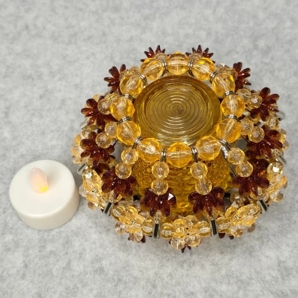 Vintage Amber Colors Mid Century Safety Pin and Beads Tea Light Candle Holder - Image 4 of 4