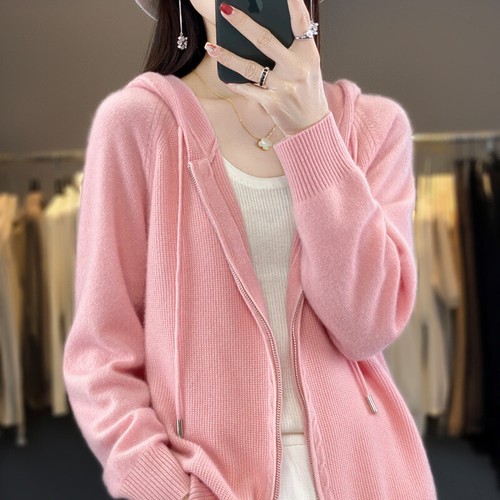 Women's Hooded Cardigan Loose Cashmere Sweater Women's Wool Coat Korean Knitwear - Picture 1 of 30