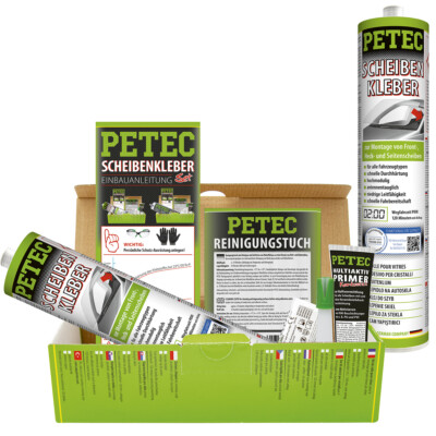 Petec Scheibenkleber Set 2x 310ml Kartusche, Primer, Reinigungstuch