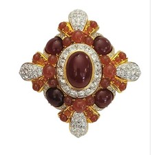 Joan Rivers Carnelian Style Glass Cab Clear Rhinestone Maltese Cross Brooch K157
