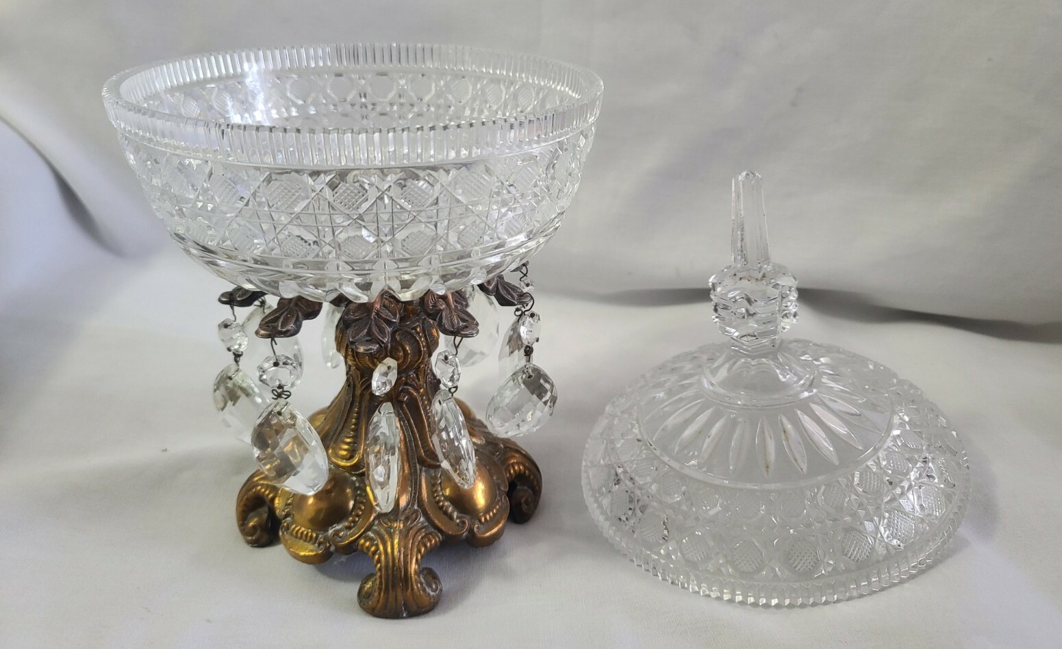Vintage Etched Crystal Candy Dish w/Lid w/Brass Pedestal (PreOwned) eBay