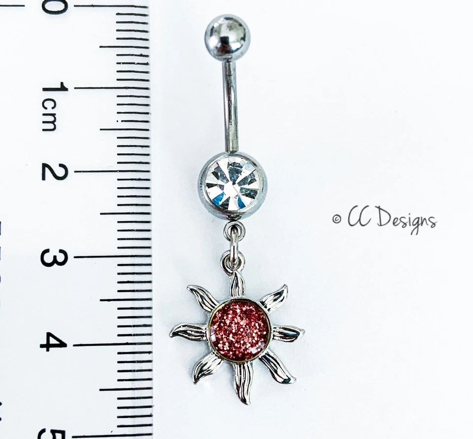 14g White Sparkle Cz Dangle Pink Resin Glitter Sun Belly Button Ring (B281) - Image 3 of 3