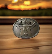 Vintage 1987 Philip Morris Marlboro Belt Buckle Longhorn Oval Solid Brass Cowboy