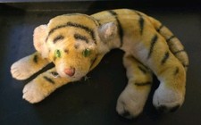 Vintage R Dakin Japan 1960's Tiger W/ Green Glass Eyes Stuffed Animal Mohair 9"