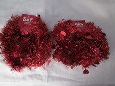 Lot of 2 Valentines Day Metallic Red Tinsel Garland w/ Red Hearts 9 Ft. Each