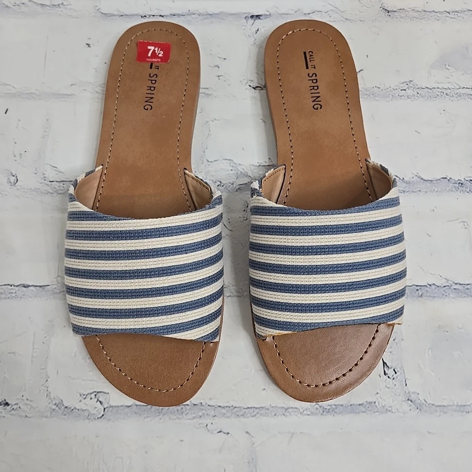 Call It Spring Sandals Slides Womens 7.5 Blue Stripe Slip On Nautical Beach New - Image 2 of 4