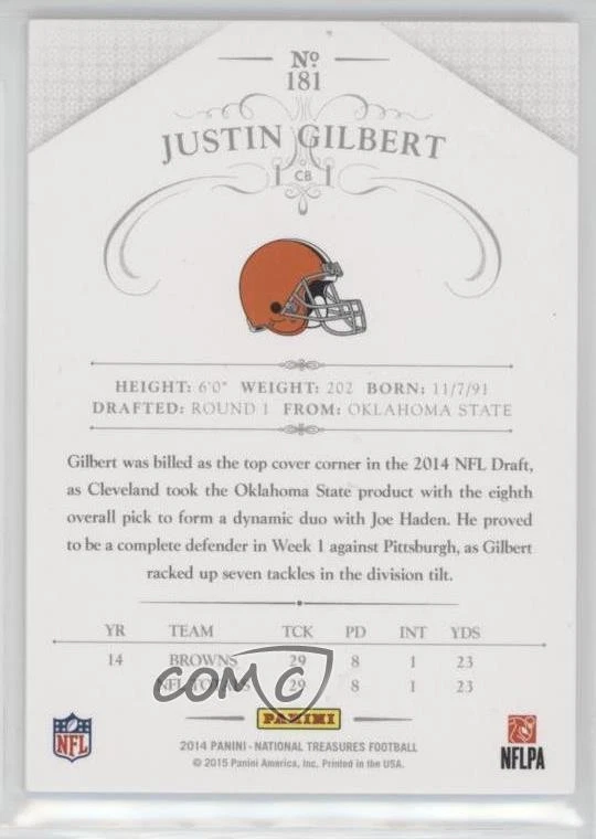 2014 Panini National Treasures Century Numbers /21 Justin Gilbert #181 Rookie RC - Image 2 of 2