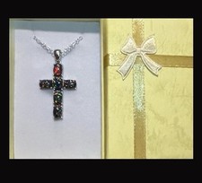 DEAL! FINE RARE Elegant 925 Sterling Silver Black Fire Opal Cross Necklace