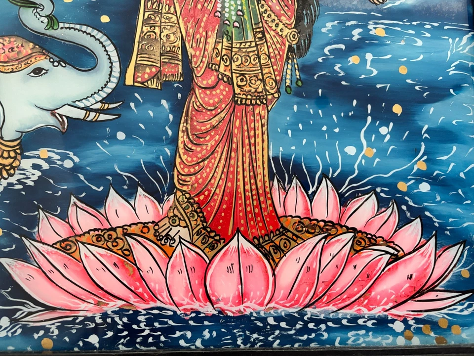 Antigua diosa religiosa hindú Lakshmi original reverso pintura en vidrio enmarcada Foto 4 de 4