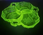 Vintage Uranium Green Depression Glass Three Part Divided Handles Relish Dish