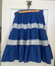 Vintage Unbranded Blue Square Dancing Skirt Rockabilly Floral Lace L