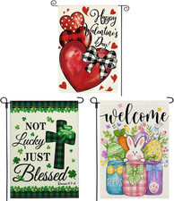 3-Pack Holiday Garden Flags - Valentine's, St. Patrick's, Easter 12x18 Inch