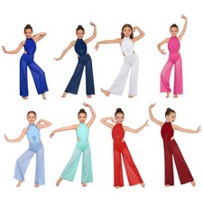 Girls Jumpsuit Rhinestones Dancewear Ruched Bodysuit Gymnastics Wide-Leg Shiny