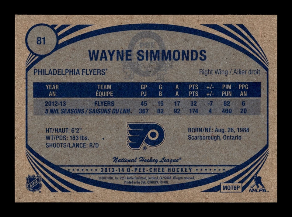PWE READ stock photo . 2013-14 opc o-pee-chee retro #81 wayne simmonds - Image 2 of 2