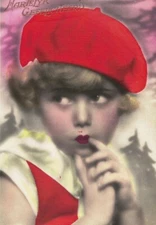 PA2236 LITTLE ART DECO YOUNG GIRL WITH ORANGE BERET /CAP REAL PHOTO RPPC 