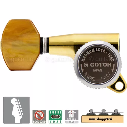 NEW Gotoh SG381-P8 MGT 6 in Line NON-STAGGERED Locking Tuners LEFT-HANDED - GOLD