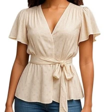 Max Studio Feminine Blouse Champagne Color Flutter Sleeves Size M Tie Waist NWT