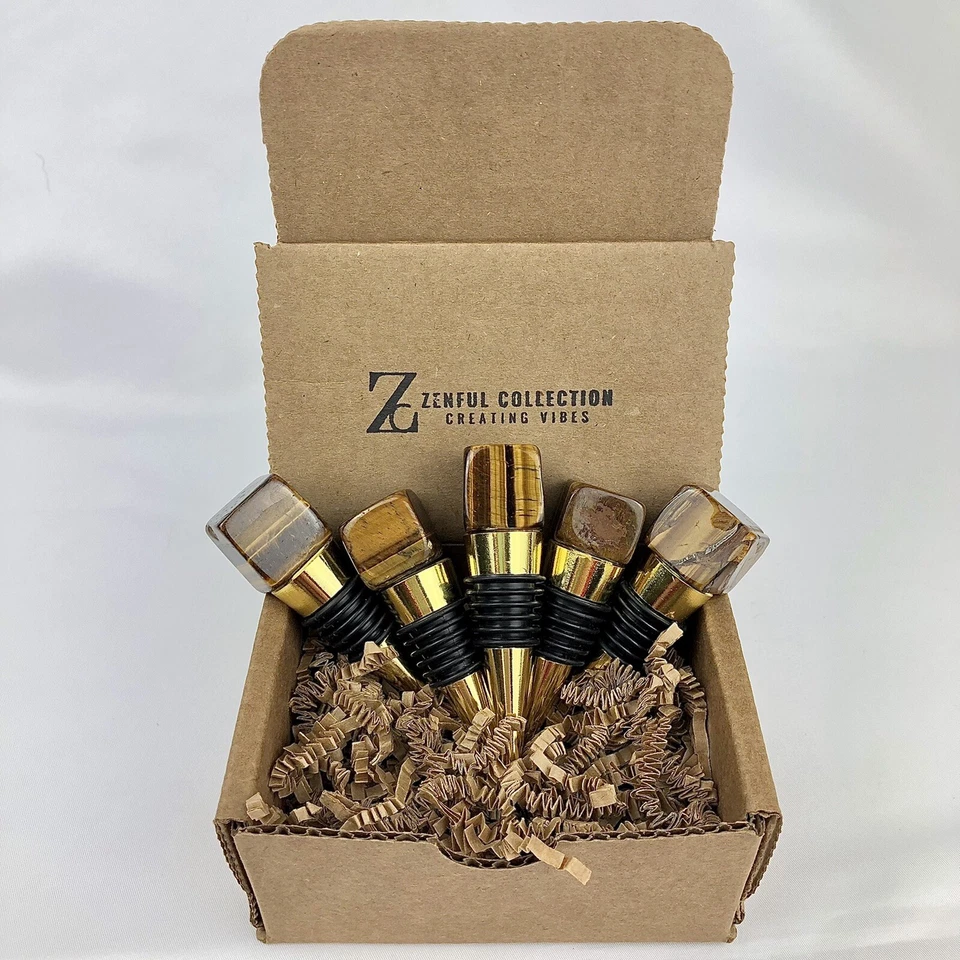 Tapón de botella de vino chapado en metal dorado cuarzo cristal corte cuadrado ojo de tigre Foto 2 de 4