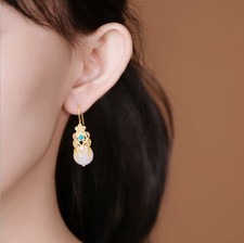 White Jade Flower Earrings Women 925 Silver Carved Stone Amulet Natural Jewelry
