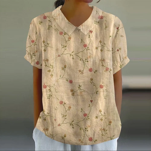 Damen Puppenkragen Hemd Baumwolle Leinen Blumenmuster Peter Pan Kragen Ärmel Shirts - Bild 43 von 56