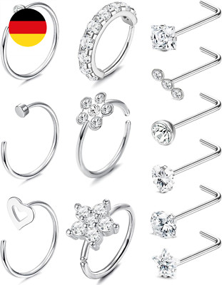 12Pcs 20G Nostril Piercing Ring Chirurgenstahl  Runder Stern Nasenstecker L Form