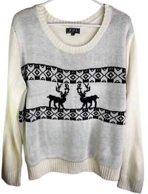 POL Ivory With Black Reindeer Snowflake Pattern Christmas Sweater Sz  XL