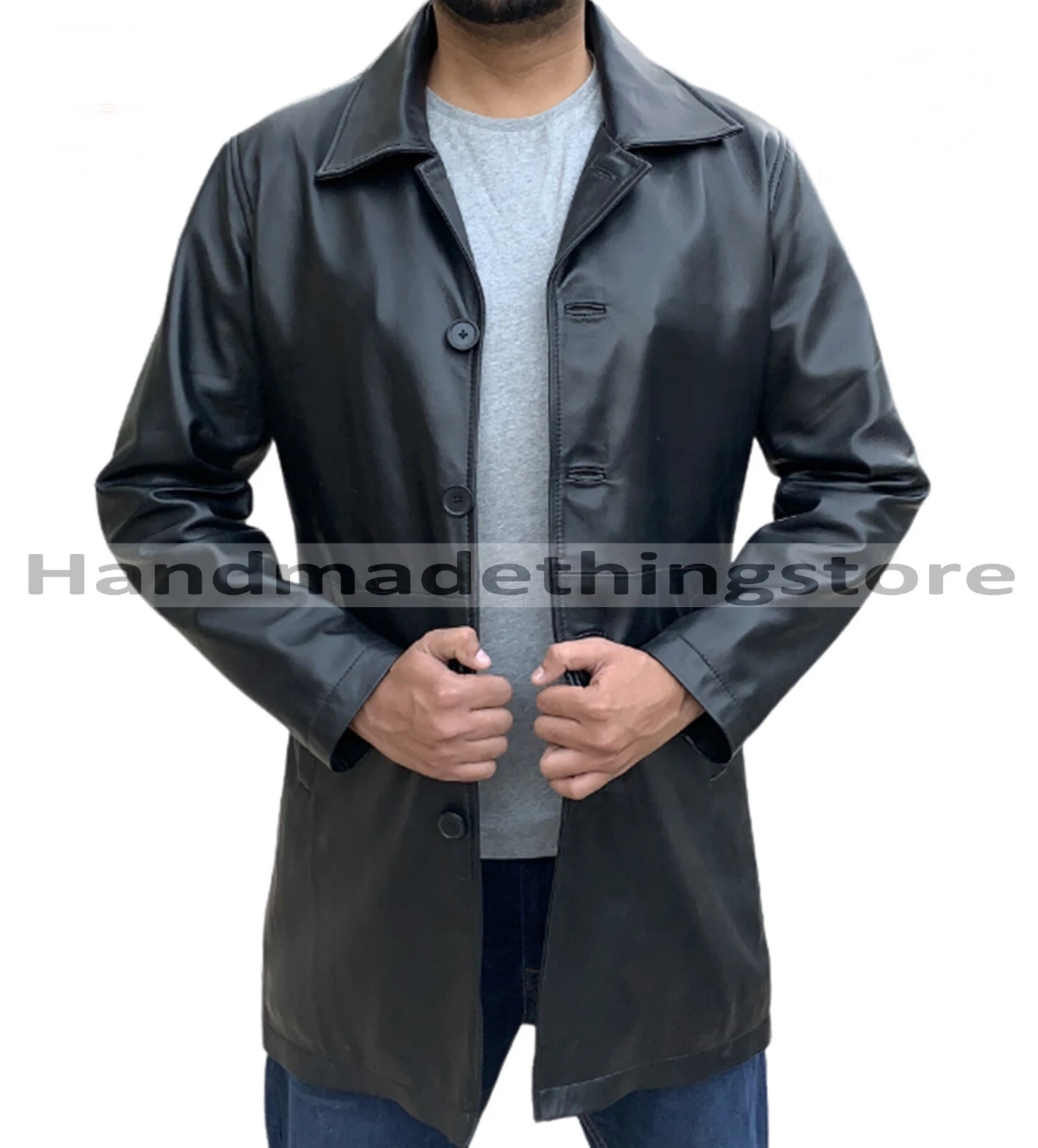 Men's Black Sheepskin Leather Coat Handmade Black Leather Three Quarter Coat