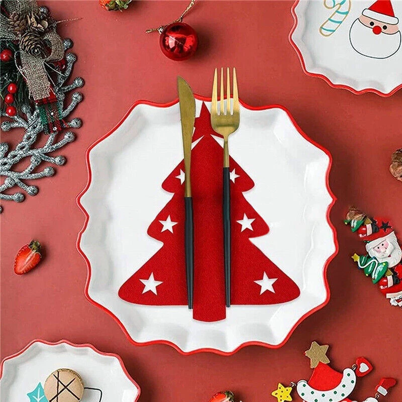 4X Christmas Tree Tableware Cutlery Holder Bag Fork Spoon Cover Table Decoration - Image 4 of 4