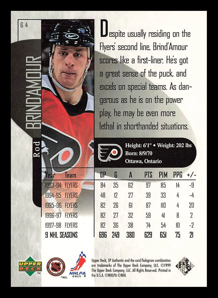 Rod Brind'Amour #64 1998-99 SP Authentic Philadelphia Flyers - Image 2 of 2
