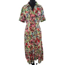 Vintage Multi Fit & Flare Midi Dress Linen Floral Watercolor Faux Wrap Collared