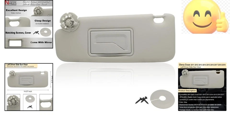 Durable Grey Left Driver Sun Visor Replacement for Chevy Cruze 2011-2019 - Image 2 of 4