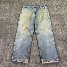 Carhartt Jeans Mens 38x32 Blue Straight Lined Denim Distressed D87 Workwear Logo