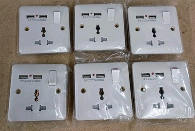 (6) Wall Power Socket 13A Universal Dual USB 5 Hole Switched Outlets