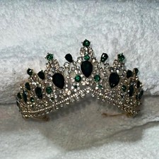 Gold Tone Green Rhinestone Princess Tiara Crown Headband Women One Size
